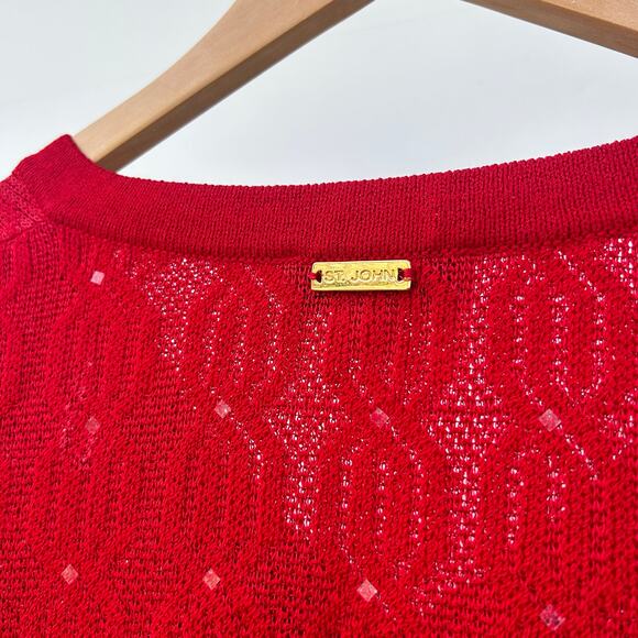 St. John Sport Red V-Neck Sequin Wool Sweater Medium Sparkle Knit Pullover - Picture 8 of 13